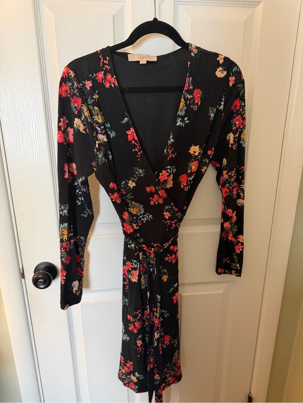 LOFT Black Floral Wrap Dress - Long Sleeve sz M